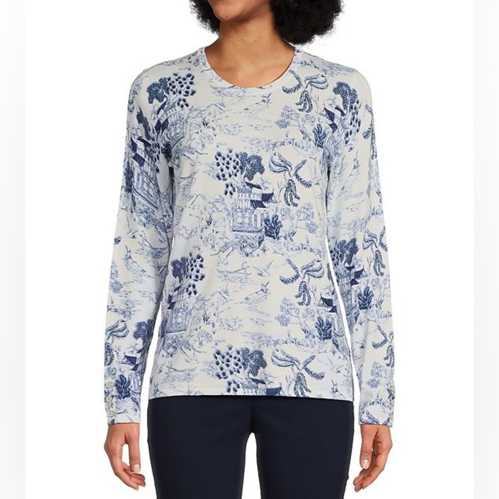 J. McLaughlin Lenny Chinoiserie Print Crew Neck Long Sleeve Top